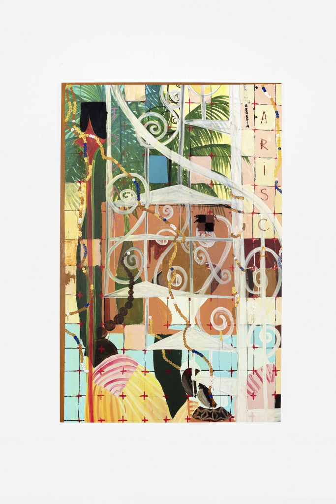 "As Moradoras", 2022, acrílica, pastel oleoso, marcadores e linha de crochê sobre tela, 240 x 150 cm"