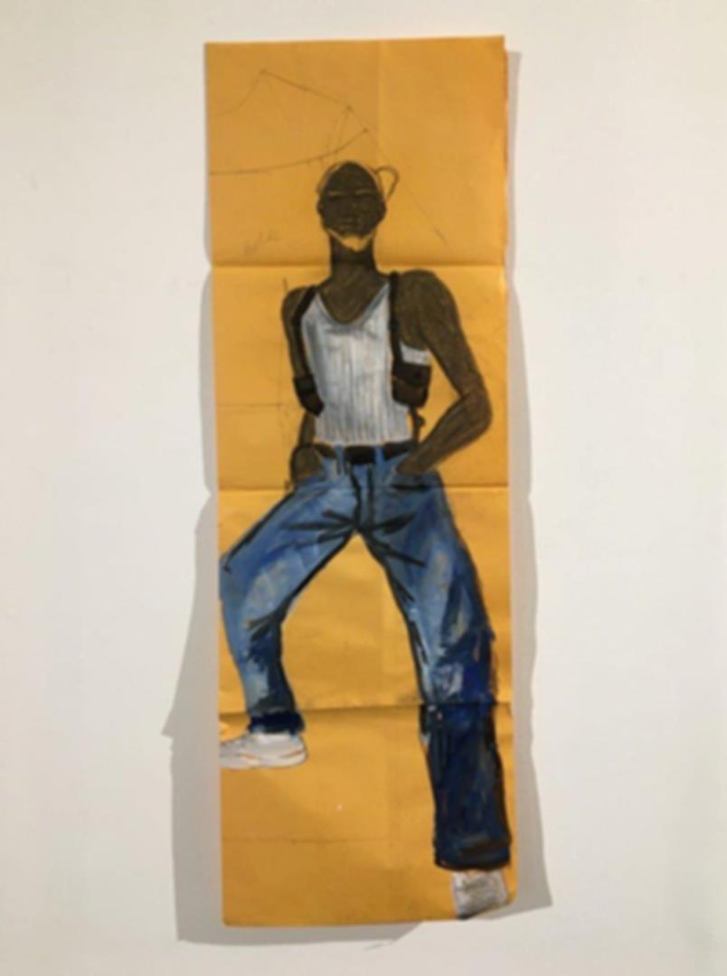 Untitled, 2020, grease, charcoal, acrylic and graphite on brown paper, 119 x 40 cm