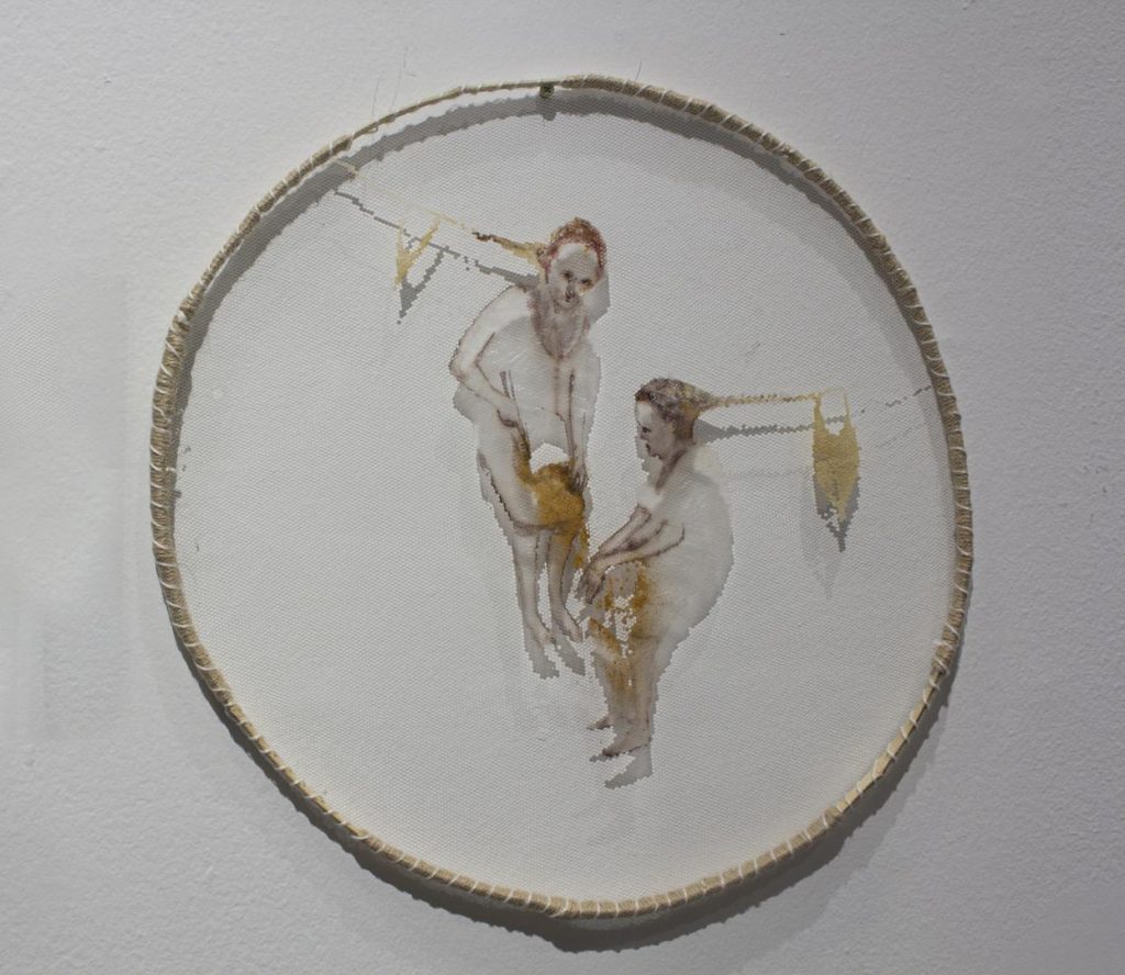 "Untitled", 2022, bamboo sieve, tulle, flour gum, bean water and earth, 43 cm diameter