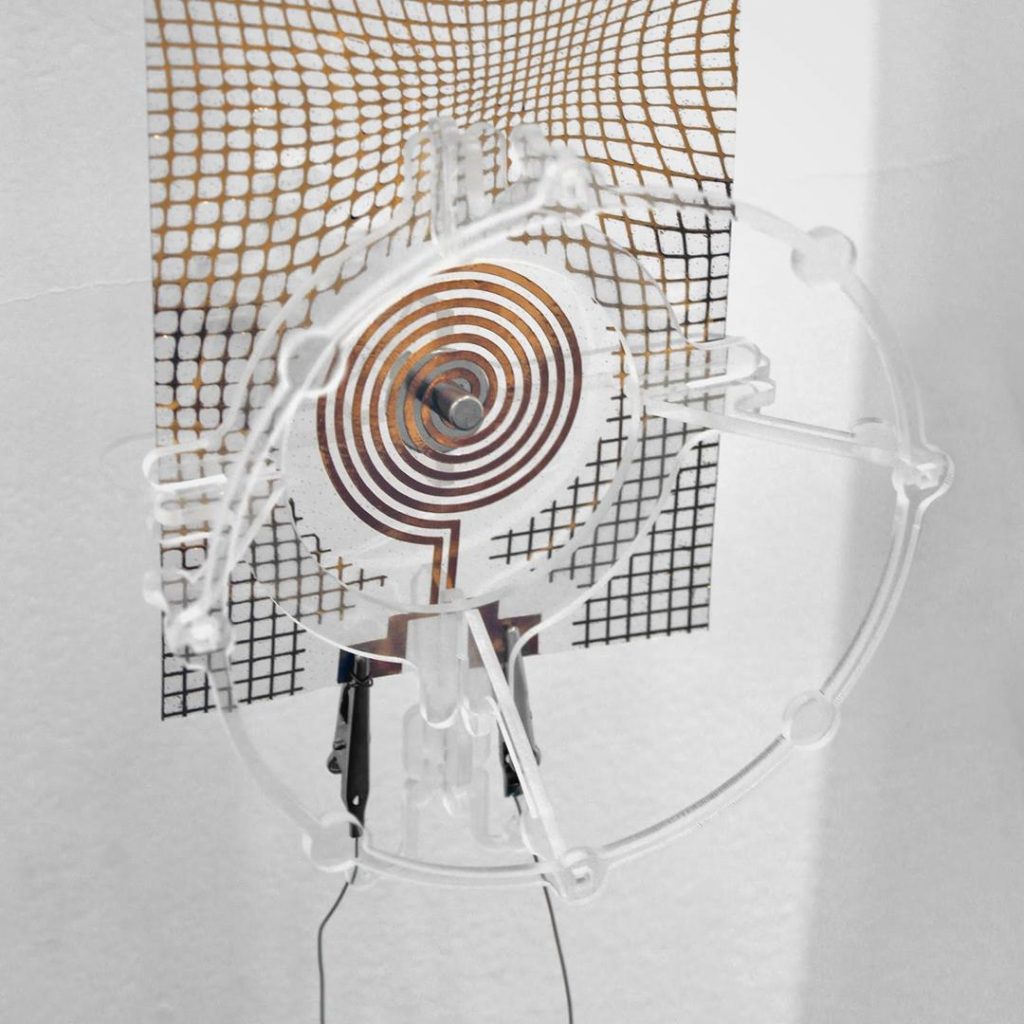 "Criptocromo", 2019, electronic installation: Inkjet prints, crystal acrylic pieces, handmade acetate speakers, electronic components, neodymium magnets, enameled copper wires, microcircuit executor and cyclic audio piece, 90x105x16cm