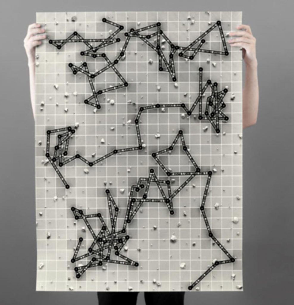 “Colisões de Partícula”, 2019, serigrafia sobre papel, impressão acrílica em uma cor – preto fosco, tiragem de 22 cópias, 106x80cm