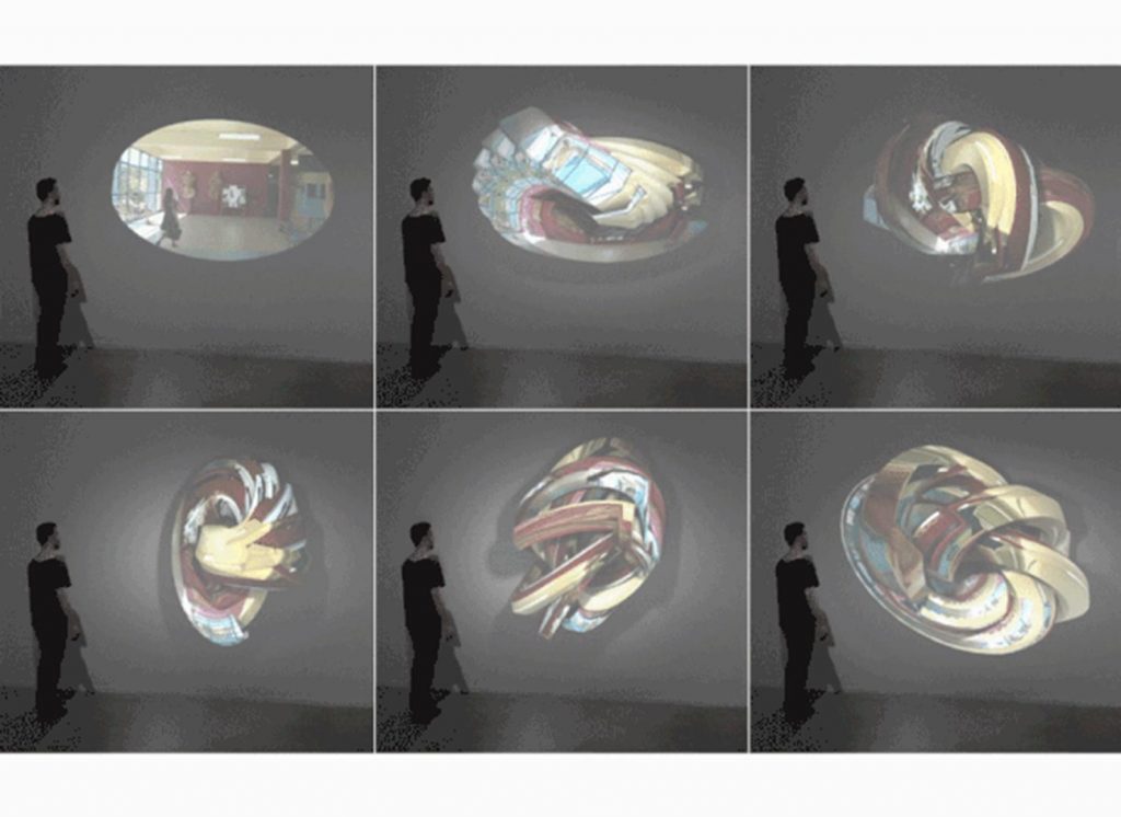 “Nó de Elipse/Buraco”, 2014, videoinstalação para lugar específico, animação por computação gráfica (3min32s), área de projeção de 200 x 200 cm