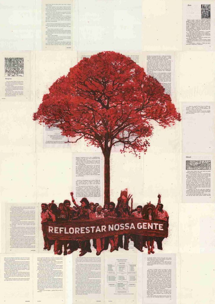 "Reflorestar Nossa Gente", 2024, Datilografia e Carimbo sobre fragmentos dos Livros: Utopia Selvagem, Utopía e outros, 123 x 87,5 cm